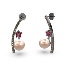 Lenta İnci Küpe - Pembe inci, dumanlı kuvars ve rodolit garnet 925 ayar siyah rodyum kaplama gümüş küpe #3kloqe