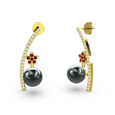 Lenta İnci Küpe - Siyah inci, swarovski ve garnet 8 ayar altın küpe #3lskn0