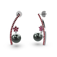 Lenta İnci Küpe - Siyah inci, garnet ve rodolit garnet 14 ayar beyaz altın küpe #3qx7g