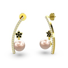 Lenta İnci Küpe - Pembe inci, swarovski ve siyah zirkon 14 ayar altın küpe #3yl0wf