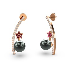 Lenta İnci Küpe - Siyah inci, swarovski ve rodolit garnet 14 ayar rose altın küpe #4afbnp