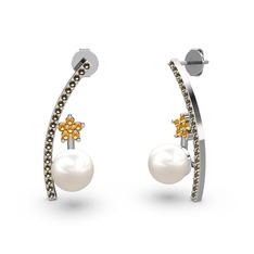 Lenta İnci Küpe - Inci, dumanlı kuvars ve sitrin 8 ayar beyaz altın küpe #4lt74u