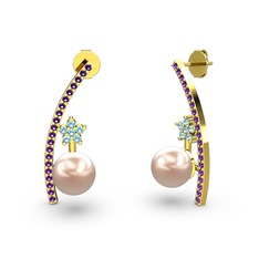 Lenta İnci Küpe - Pembe inci, ametist ve akuamarin 8 ayar altın küpe #4v8t3y