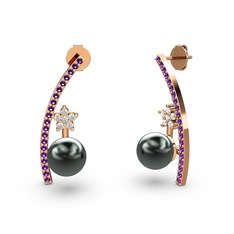 Siyah inci, ametist ve beyaz zirkon 18 ayar rose altın küpe