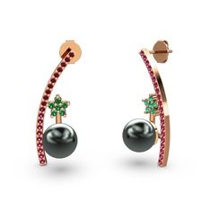 Lenta İnci Küpe - Siyah inci, rodolit garnet ve yeşil kuvars 925 ayar rose altın kaplama gümüş küpe #56d1q7