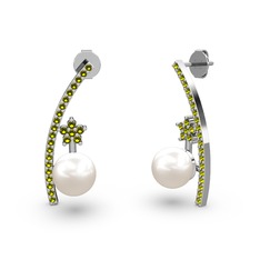 Lenta İnci Küpe - Inci ve peridot 14 ayar beyaz altın küpe #5774b4