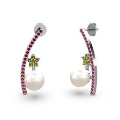 Lenta İnci Küpe - Inci, rodolit garnet ve peridot 14 ayar beyaz altın küpe #5a3yx9