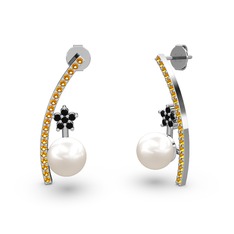 Lenta İnci Küpe - Inci, sitrin ve siyah zirkon 14 ayar beyaz altın küpe #5co3r2