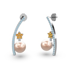 Lenta İnci Küpe - Pembe inci, akuamarin ve sitrin 14 ayar beyaz altın küpe #5dnr7h