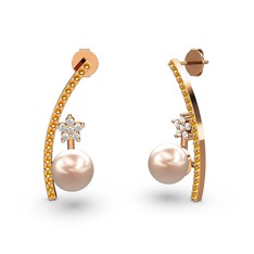 Pembe inci, sitrin ve beyaz zirkon 18 ayar rose altın küpe