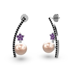 Lenta İnci Küpe - Pembe inci, siyah zirkon ve ametist 8 ayar beyaz altın küpe #5sjy53