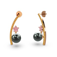 Lenta İnci Küpe - Siyah inci, sitrin ve pembe kuvars 14 ayar rose altın küpe #61lzvc