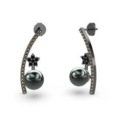 Siyah inci, dumanlı kuvars ve siyah zirkon 925 ayar siyah rodyum kaplama gümüş küpe