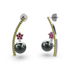 Lenta İnci Küpe - Siyah inci, peridot ve rodolit garnet 18 ayar beyaz altın küpe #6kopem
