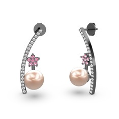 Lenta İnci Küpe - Pembe inci, swarovski ve pembe kuvars 925 ayar siyah rodyum kaplama gümüş küpe #6m4kfq