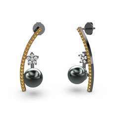 Lenta İnci Küpe - Siyah inci, sitrin ve pırlanta 925 ayar siyah rodyum kaplama gümüş küpe (0.44 karat) #6sw88v