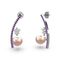 Pembe inci, ametist ve swarovski 14 ayar beyaz altın küpe
