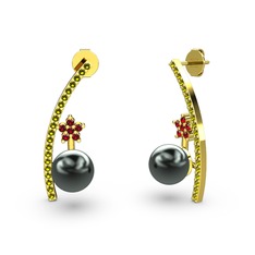 Siyah inci, peridot ve garnet 18 ayar altın küpe