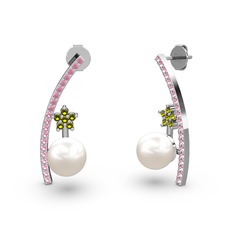 Lenta İnci Küpe - Inci, pembe kuvars ve peridot 14 ayar beyaz altın küpe #7iryuj