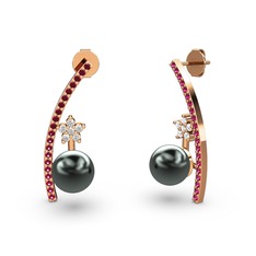Lenta İnci Küpe - Siyah inci, rodolit garnet ve pırlanta 925 ayar rose altın kaplama gümüş küpe (0.44 karat) #7lhj1r