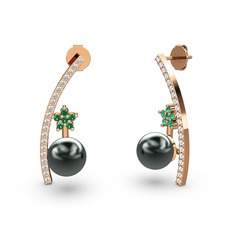 Siyah inci, swarovski ve yeşil kuvars 14 ayar rose altın küpe