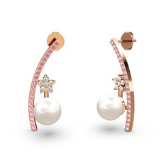 Inci, pembe kuvars ve beyaz zirkon 18 ayar rose altın küpe