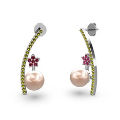 Pembe inci, peridot ve rodolit garnet 8 ayar beyaz altın küpe