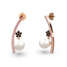 Lenta İnci Küpe - Inci, pembe kuvars ve siyah zirkon 925 ayar rose altın kaplama gümüş küpe #92h3kd