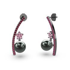 Siyah inci, rodolit garnet ve pembe kuvars 925 ayar siyah rodyum kaplama gümüş küpe