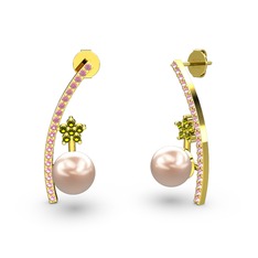 Lenta İnci Küpe - Pembe inci, pembe kuvars ve peridot 14 ayar altın küpe #b0eclt