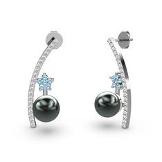 Lenta İnci Küpe - Siyah inci, swarovski ve akuamarin 14 ayar beyaz altın küpe #bhnezb