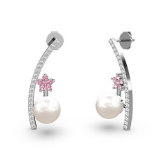 Lenta İnci Küpe - Inci, swarovski ve pembe kuvars 14 ayar beyaz altın küpe #c84f85