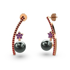 Lenta İnci Küpe - Siyah inci, garnet ve ametist 18 ayar rose altın küpe #cp3879