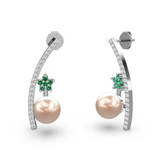 Lenta İnci Küpe - Pembe inci, swarovski ve yeşil kuvars 14 ayar beyaz altın küpe #cpd2h0