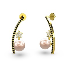 Pembe inci, siyah zirkon ve beyaz zirkon 14 ayar altın küpe