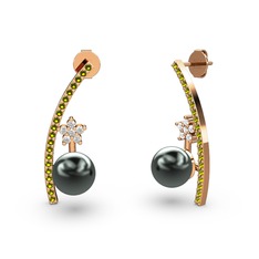 Siyah inci, peridot ve swarovski 8 ayar rose altın küpe