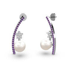Lenta İnci Küpe - Inci, ametist ve swarovski 8 ayar beyaz altın küpe #dtu3dr