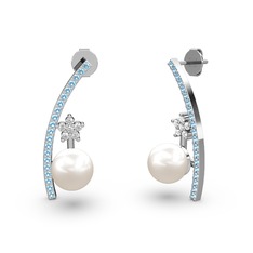 Lenta İnci Küpe - Inci, akuamarin ve swarovski 8 ayar beyaz altın küpe #e2t7z9