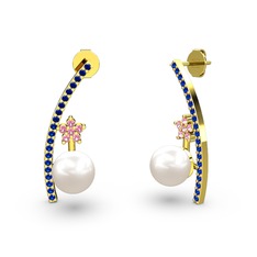 Inci, lab safir ve pembe kuvars 18 ayar altın küpe