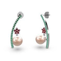 Lenta İnci Küpe - Pembe inci, yeşil kuvars ve garnet 14 ayar beyaz altın küpe #ew0vxk