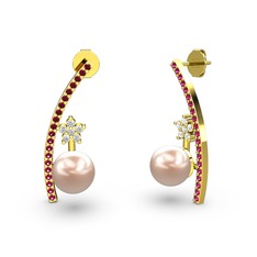 Pembe inci, rodolit garnet ve swarovski 8 ayar altın küpe