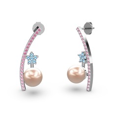 Lenta İnci Küpe - Pembe inci, pembe kuvars ve akuamarin 14 ayar beyaz altın küpe #ffwbtd