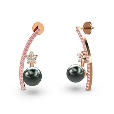 Siyah inci, pembe kuvars ve swarovski 8 ayar rose altın küpe