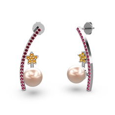 Lenta İnci Küpe - Pembe inci, rodolit garnet ve sitrin 14 ayar beyaz altın küpe #fwwdiv