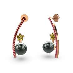 Siyah inci, rodolit garnet ve peridot 925 ayar rose altın kaplama gümüş küpe