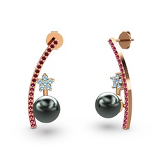 Lenta İnci Küpe - Siyah inci, rodolit garnet ve akuamarin 8 ayar rose altın küpe #hetqlf