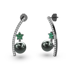 Siyah inci, pırlanta ve yeşil kuvars 925 ayar siyah rodyum kaplama gümüş küpe (0.18 karat)