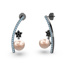 Lenta İnci Küpe - Pembe inci, akuamarin ve siyah zirkon 925 ayar siyah rodyum kaplama gümüş küpe #i6m9px