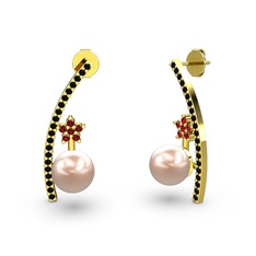 Pembe inci, siyah zirkon ve garnet 14 ayar altın küpe