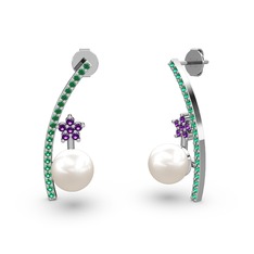 Lenta İnci Küpe - Inci, yeşil kuvars ve ametist 18 ayar beyaz altın küpe #jeqbbs